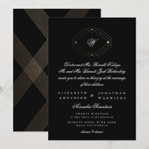 Simple Black Modern Geometric Guld Bröllop Inbjudningar