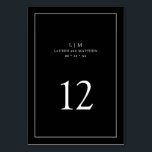 Simple Black Monogram Elegant bröllop Bordsnummer<br><div class="desc">Enkelt Bordsnummer i Bröllop med en elegant och tidlös design med två brev-monogram, namn, datum och bordsnummer runt ett tunt gräns. All inslag i designläge är vit över en svart bakgrund och kan ändras till valfritt färg i designredigeringsverktyget i verktyg. En ren och klassisk perfekt för ett par som vill...</div>