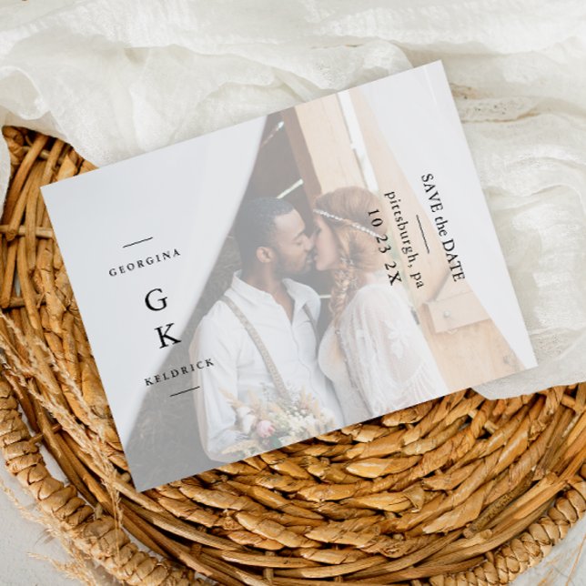 Simple Black Monogram Photo Bröllop spara datum Vykort (Skapare uppladdad)