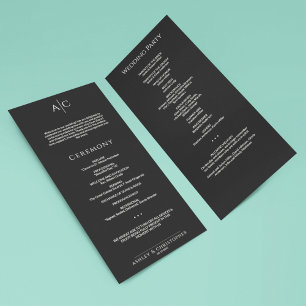 Simple Black Noir Monogram Bröllop Ceremony Program