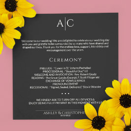 Simple Black Noir Monogram Bröllop Ceremony Program