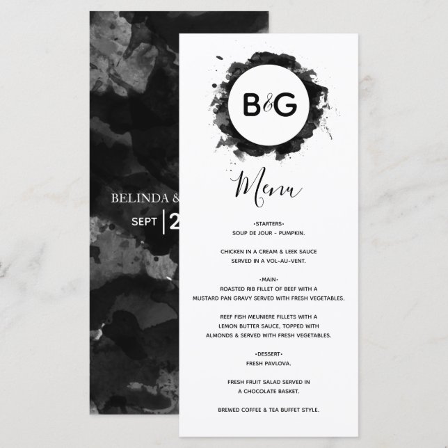 Simple Black White Bröllop Meny (Fram/baksida)