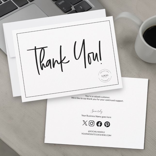 Simple Black White Company Logotyp Social Tack Inbjudningar (Modern handlettering script thank you business message card.)