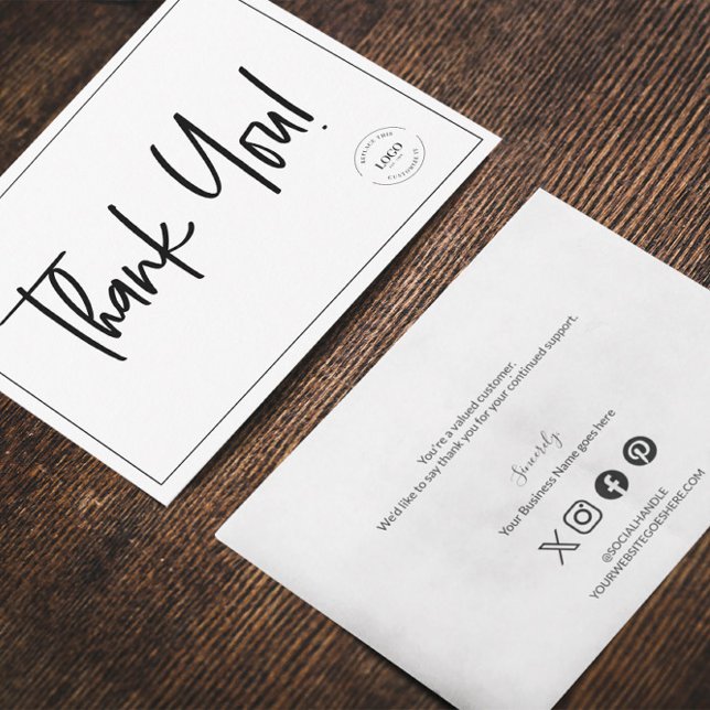 Simple Black White Company Logotyp Social Tack Kort (Customizable business logo, social handle, website and message thank you flat card.)