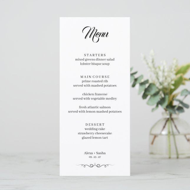 Simple Black & White Elegant Minimalist Wedding Meny (Stående Fram)