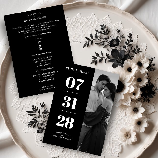 Simple Black & White Enchanting & Delicate Minimal Inbjudningar (Simple Black & White Enchanting and Delicate Minimalist Photo Wedding Save the Dates Cards. )