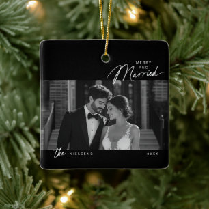Simple Black White Merry Married Script Photo Julgransprydnad Keramik