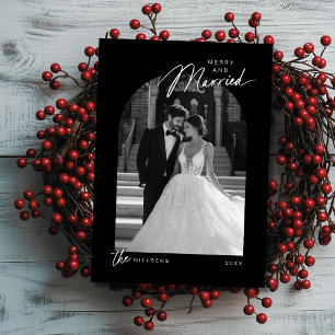 Simple Black White Merry Married Script Photo Julkort