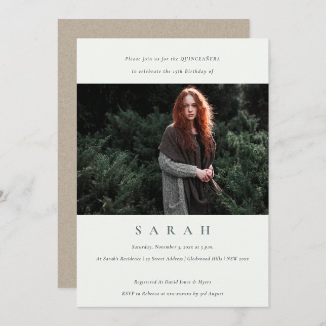 Simple Black White Photo Quinceañera Inbjudan (Fram/baksida)
