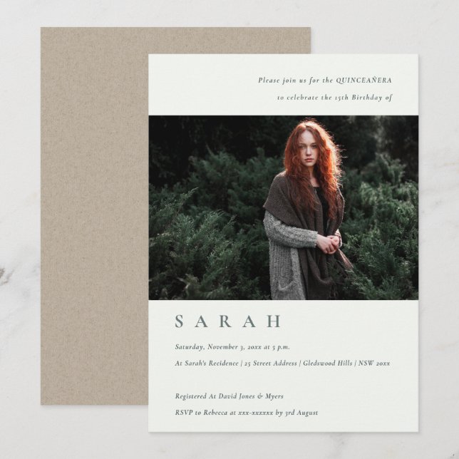 Simple Black White Photo Quinceañera Inbjudan (Fram/baksida)