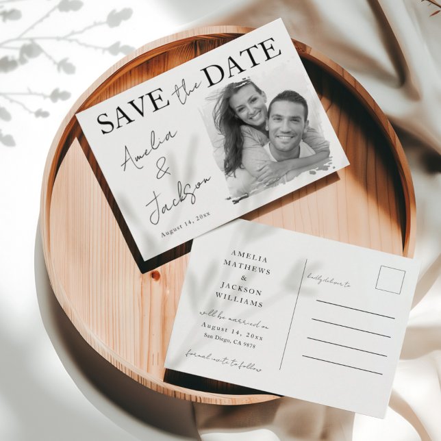 Simple Black & White Photo Save the Date Meddelande Vykort (Skapare uppladdad)