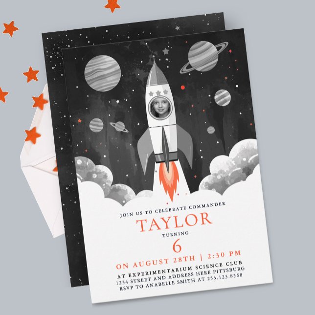 Simple Black White Rocket Ship Moon Galaxy Photo Inbjudningar (Skapare uppladdad)