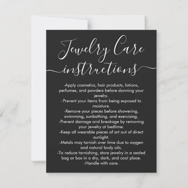 Simple Black White Script Jewelry Care Card Anteckningskort (Framsida)