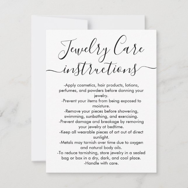 Simple Black White Script Jewelry Care Card Anteckningskort (Framsida)