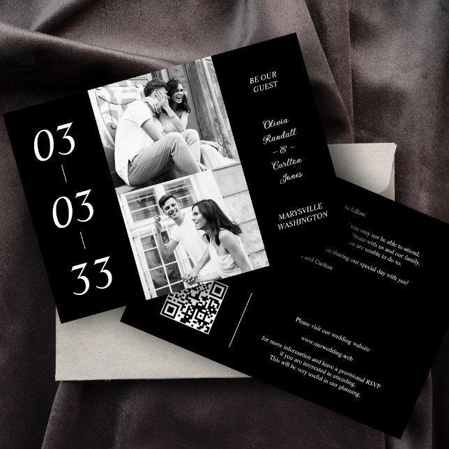 Simple Black & White Ultra Modern 2 Photos Collage Spara Datumet (Simple Black & White Ultra Modern 2 Photos Collage Wedding Save the Date Card with Envelope.)
