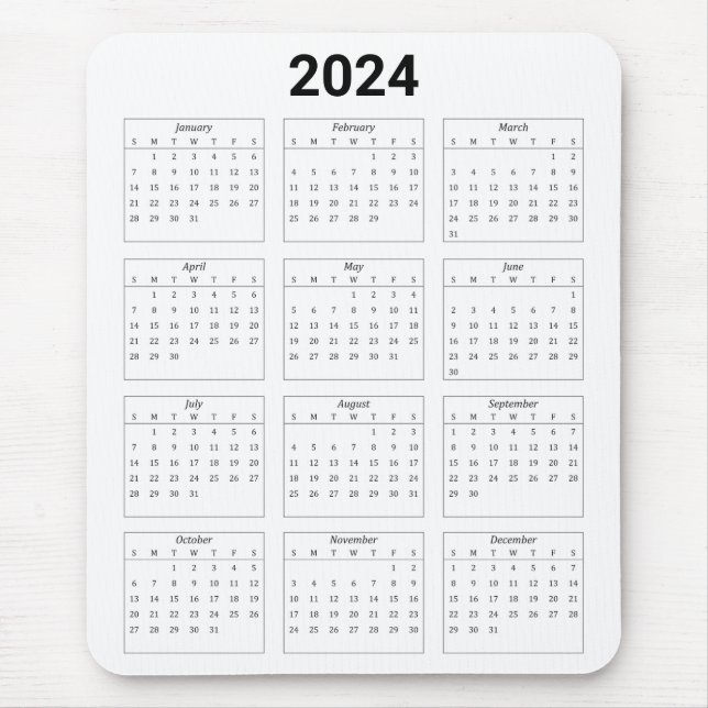 Simple Black & White US 2024 års kalender Musmatta (Framsidan)