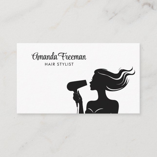 Simple Black & White Woman Hairdresser Visitkort (Framsida)