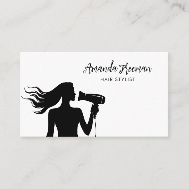 Simple Black & White Woman Silhouette Hairdresser Visitkort (Framsida)
