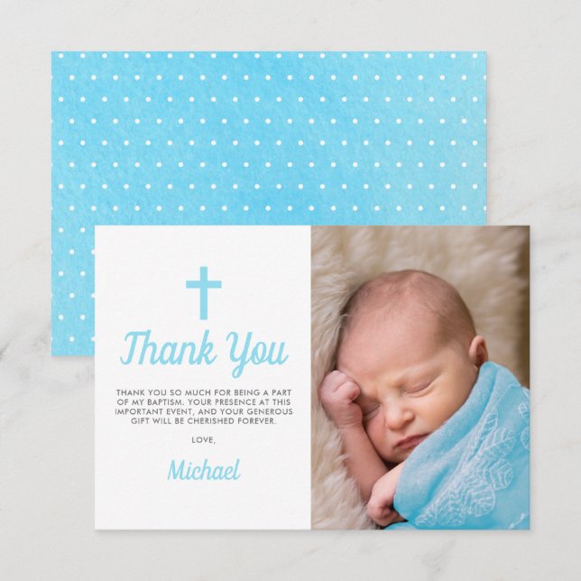 Simple Blue Boy Baptism Christening Photo Tack Kort (Fram/baksida)