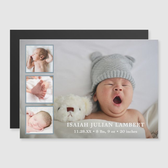 Simple Blue Boy Photo Collage Birth Announcement Magnetisk Inbjudningskort (Fram/baksida)