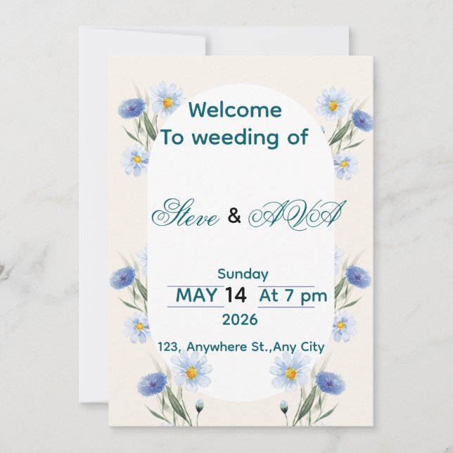 Simple Blue Floral Wedding Invitation Inbjudningar (Framsida)