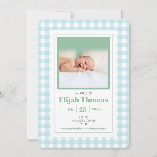 Simple Blue Gingham Photo Anpassningsbar Newborn B Meddelande (Framsida)