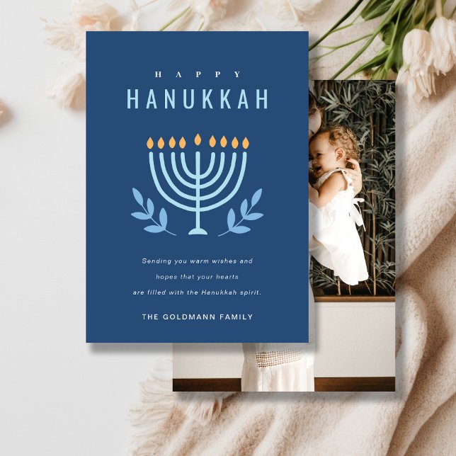 Simple Blue Menorah Candles Lycklig Hanukkah Photo Julkort (Skapare uppladdad)