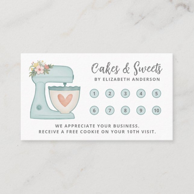 Simple Blue Mixer Floral Cake Bakery Business Lojalitetskort (Framsida)
