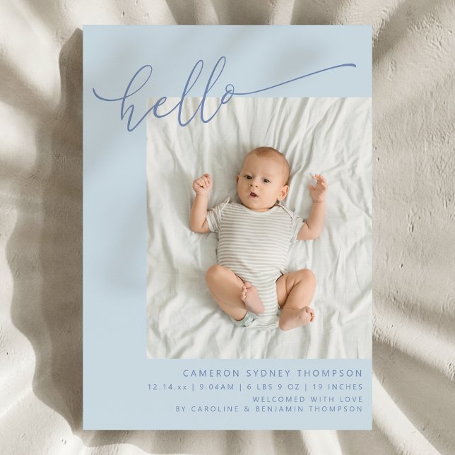 Simple Blue Script Cute Hello Baby Two Photo Birth Meddelande (Skapare uppladdad)