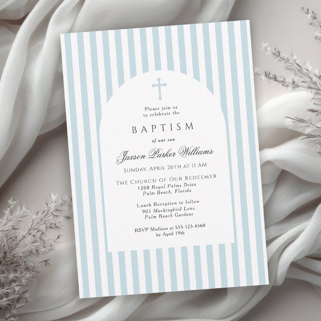 Simple Blue Stripes Baptism Invitation for Boy Inbjudningar (Available in both printed and instant download digital formats.)