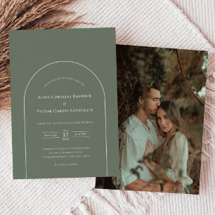 Simple Boho Arch Sage Grönt Bröllop Photo Inbjudningar