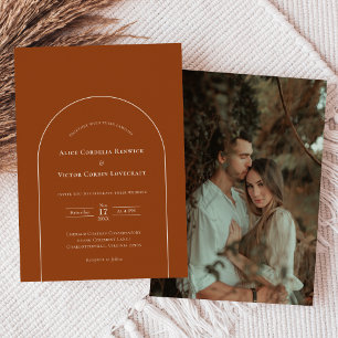Simple Boho Arch Terracotta Bröllop Photo Inbjudningar