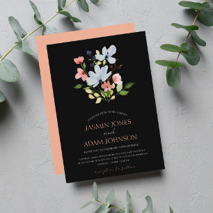 Simple Boho Black and Rosa Blommigt Bröllop Inbjudningar