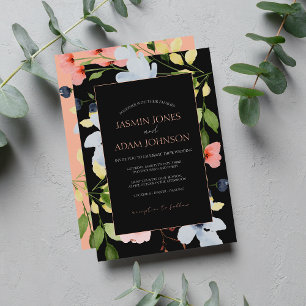 Simple Boho Black and Rosa Blommigt Bröllop Inbjudningar