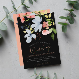 Simple Boho Black and Rosa Blommigt Bröllop Inbjudningar