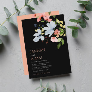 Simple Boho Black and Rosa Blommigt Bröllop Inbjudningar