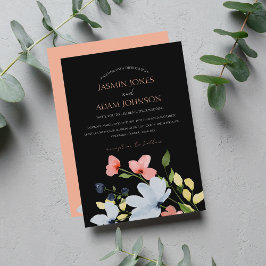 Simple Boho Black and Rosa Blommigt Bröllop Inbjudningar