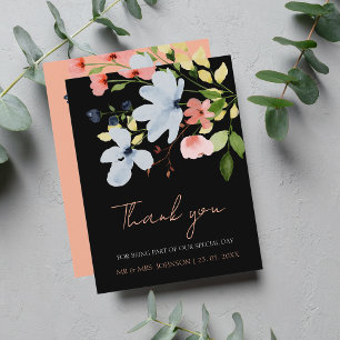 Simple Boho Black and Rosa Blommigt Bröllop Tack Kort