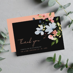 Simple Boho Black and Rosa Blommigt Bröllop Tack Kort