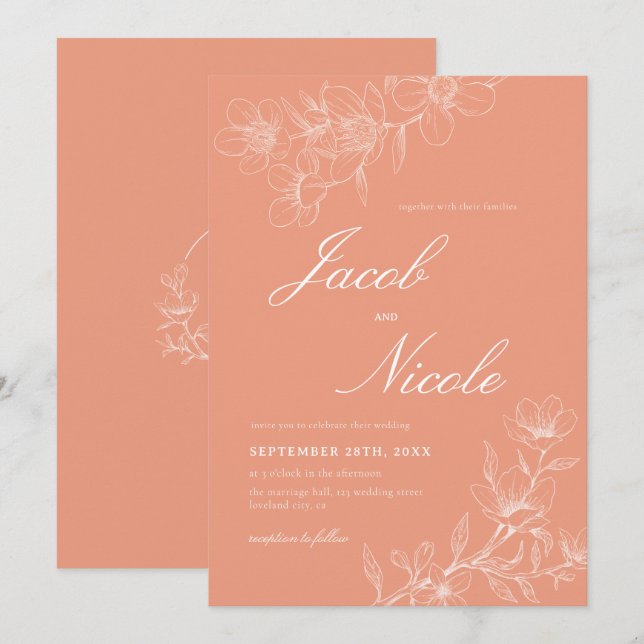 Simple Boho Blommigt Script Coral Bröllop Inbjudningar (Fram/baksida)