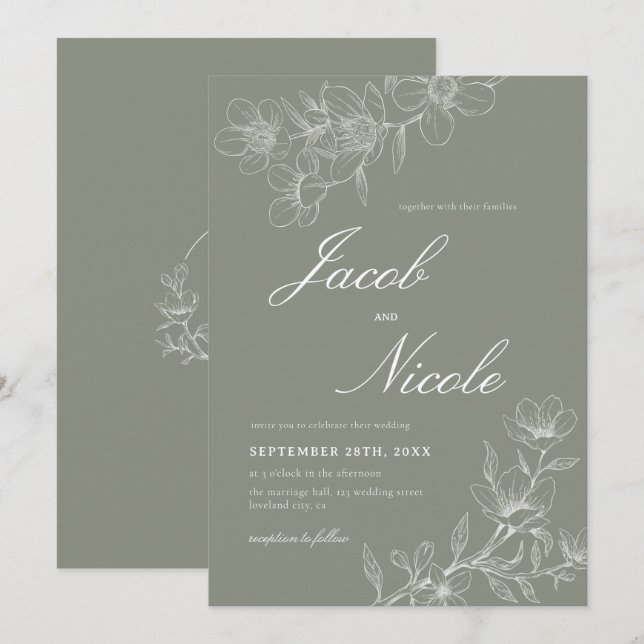 Simple Boho Blommigt Script Sage Grönt Bröllop Inbjudningar (Fram/baksida)