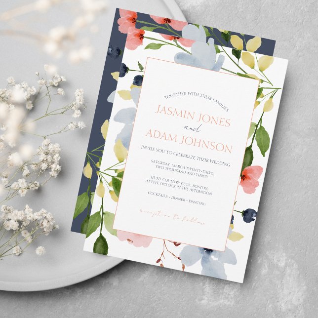 Simple Boho Blue and Rosa Blommigt Bröllop Inbjudningar (Skapare uppladdad)
