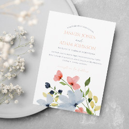 Simple Boho Blue and Rosa Blommigt Bröllop Inbjudningar