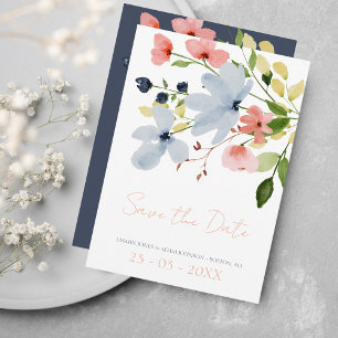 Simple Boho Blue and Rosa Blommigt Bröllop Spara Datumet