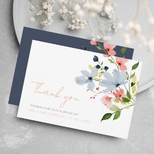 Simple Boho Blue and Rosa Blommigt Bröllop Tack Kort