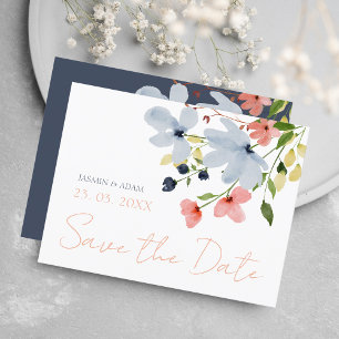 Simple Boho Blue Rosa Blommigt Bröllop spara datum Vykort