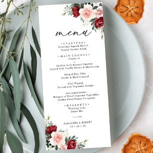 Simple Boho Burgundy Blommigt Bröllop Menu Meny