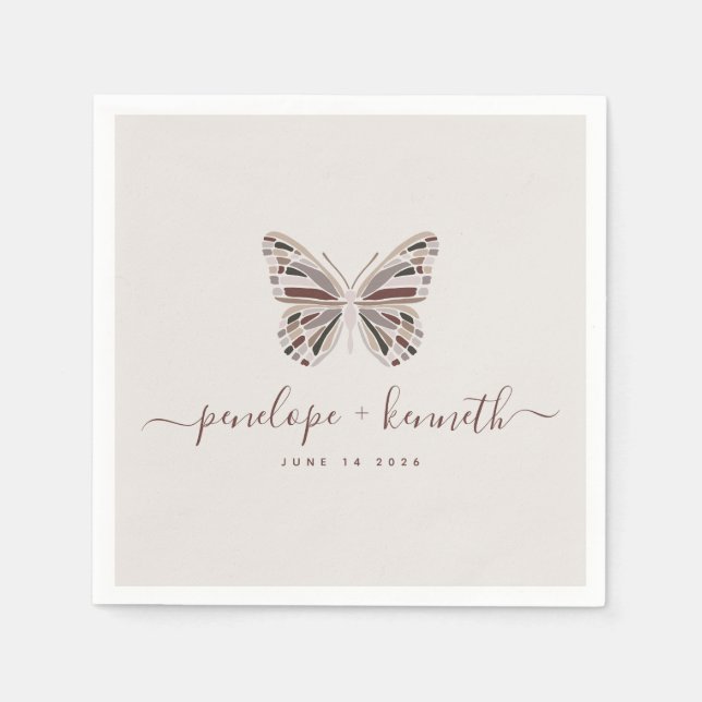Simple Boho Butterfly Burgundy Taupe Bröllop Pappersservett (Framsidan)
