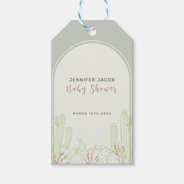 Simple Boho Cactus Line Art Arch Baby Shower Presentetikett (Framsidan)