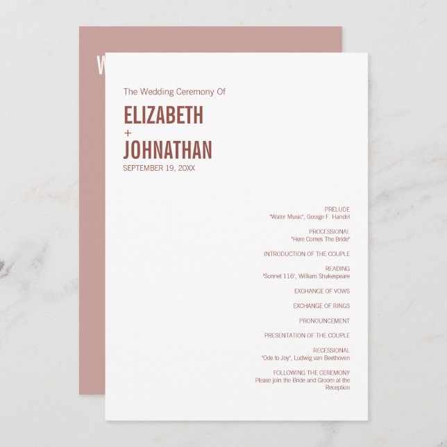 Simple Boho Dusty Ro Bröllop Typography Program (Fram/baksida)